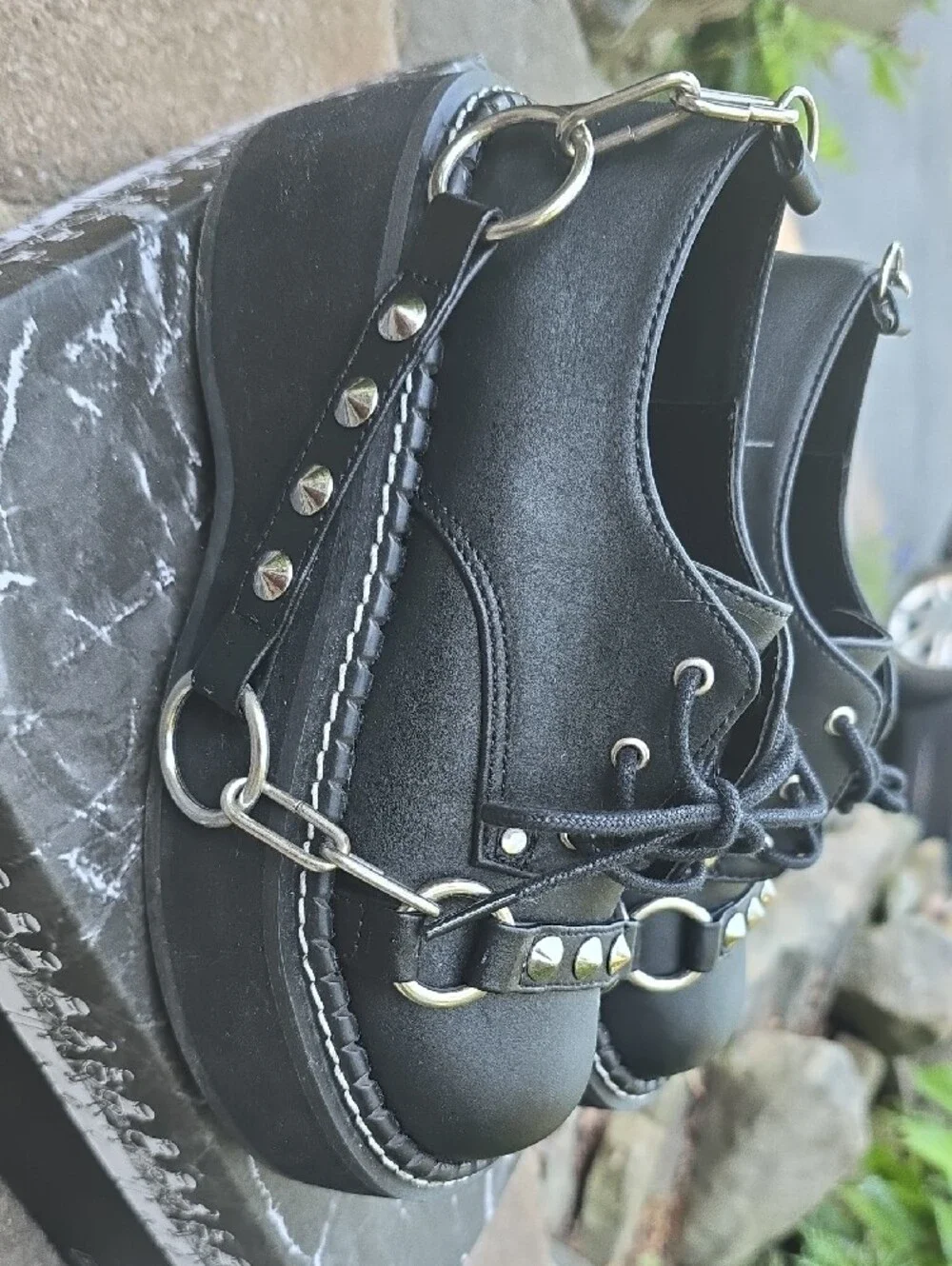 Demonia Black Studded Platform Oxfords with Silver Hardware